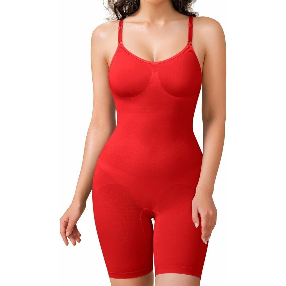 Women's Red Mid Thigh Control Body Shaper Round Neck Seamless Bodysuit Shapewear